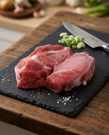 新鲜猪肉肉眼标准装竖版展示，纹理清晰低脂健康，适合独居或合租烹饪。