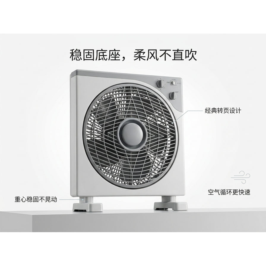 小型坐地扇放置在白色台面上，展示其稳固底座、经典转页设计及空气循环卖点，配有中文功能标注。