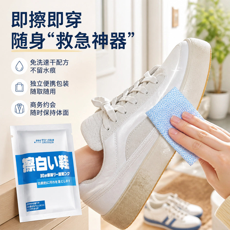 在玄关场景下，使用蓝色颗粒湿巾擦拭白色休闲鞋的侧边，旁边放着单片独立包装。