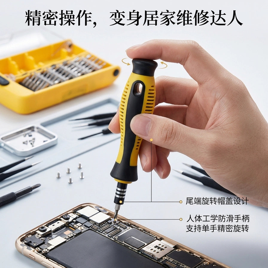 使用精密螺丝刀维修手机内部零件的场景图，展示了人体工学防滑手柄和尾端旋转帽盖的单手操作设计。