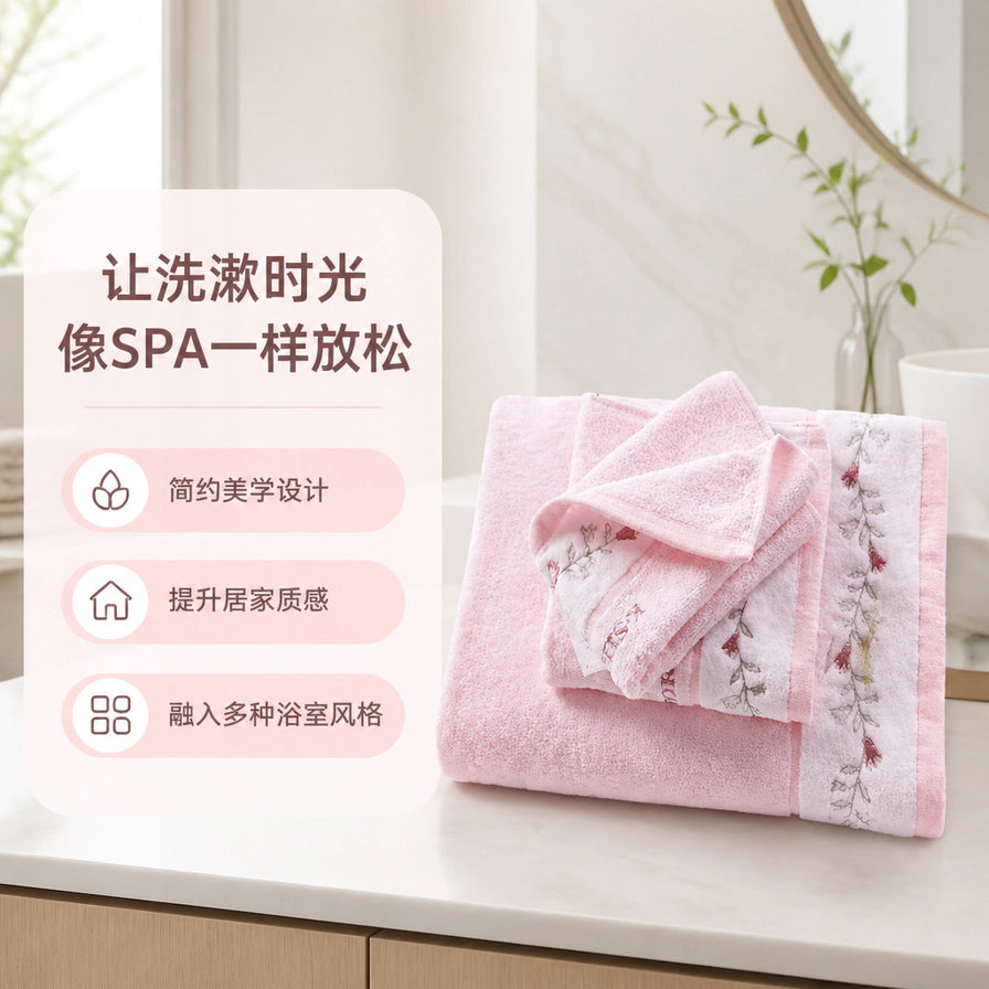 放置在浴室台面上的粉色刺绣毛巾，左侧配有“让洗漱时光像SPA一样放松”文字及设计卖点。