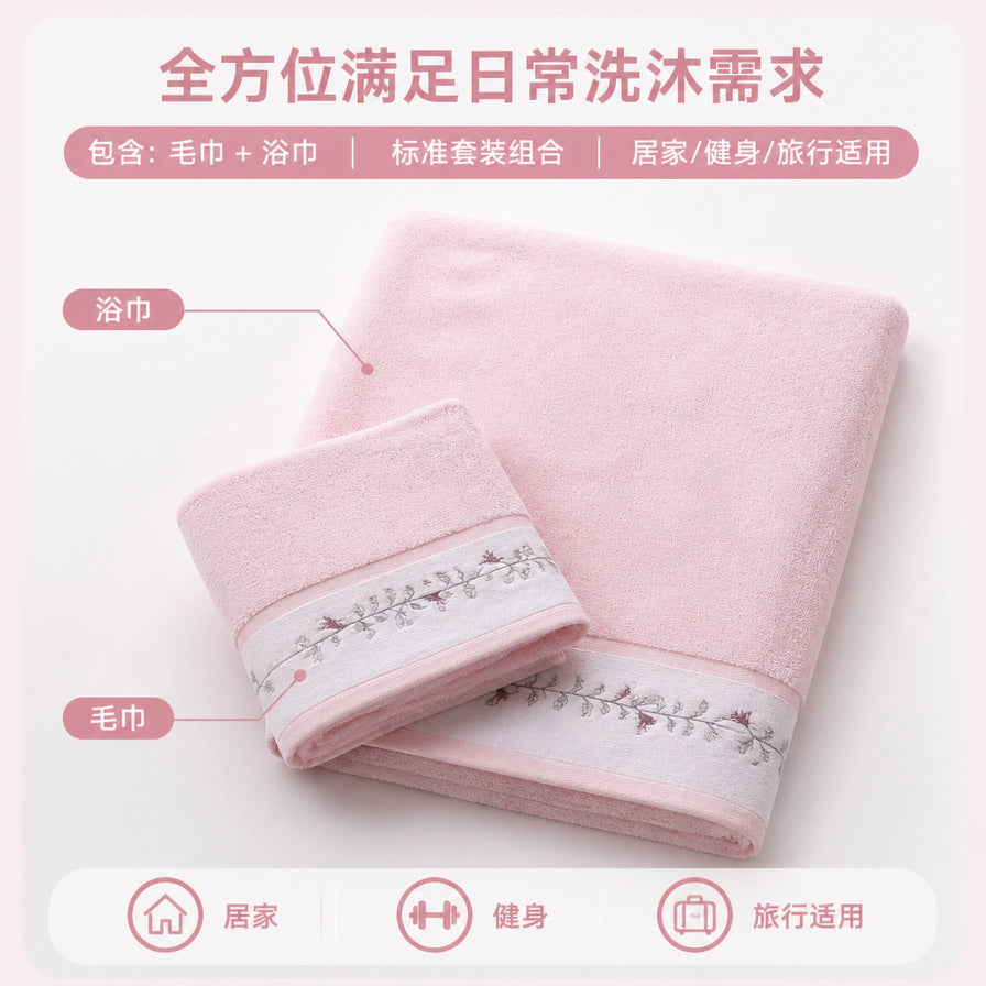 平铺展示的粉色毛巾与浴巾套装，上方标有“全方位满足日常洗沐需求”及适用场景图标。