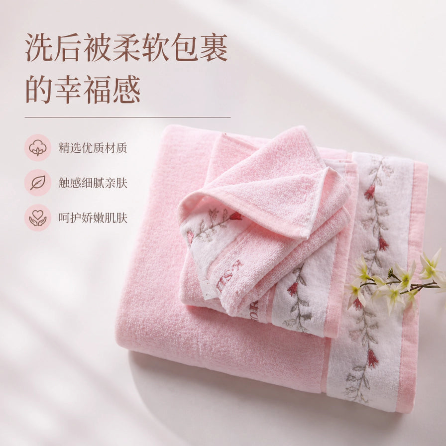粉色刺绣毛巾套装，左侧配有“洗后被柔软包裹的幸福感”文字及材质卖点说明。