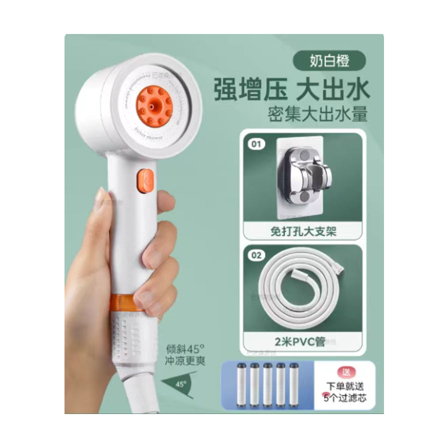 增压过滤花洒套装海报，包含手持花洒、免打孔大支架、2米PVC管和5个替换滤芯，配有强增压大出水等中文说明。