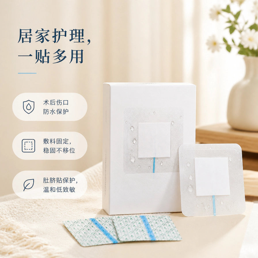 居家护理场景下的PU防水贴包装盒与散装贴片，背景有温馨的室内装饰，左侧列出术后保护、敷料固定、肚脐贴保护等多种用途的中文说明。