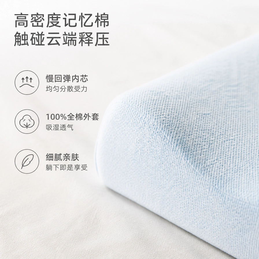 全棉时代护颈记忆枕的近距离细节图，展示高密度记忆棉材质和全棉亲肤外套的纹理，配有材质说明文字。