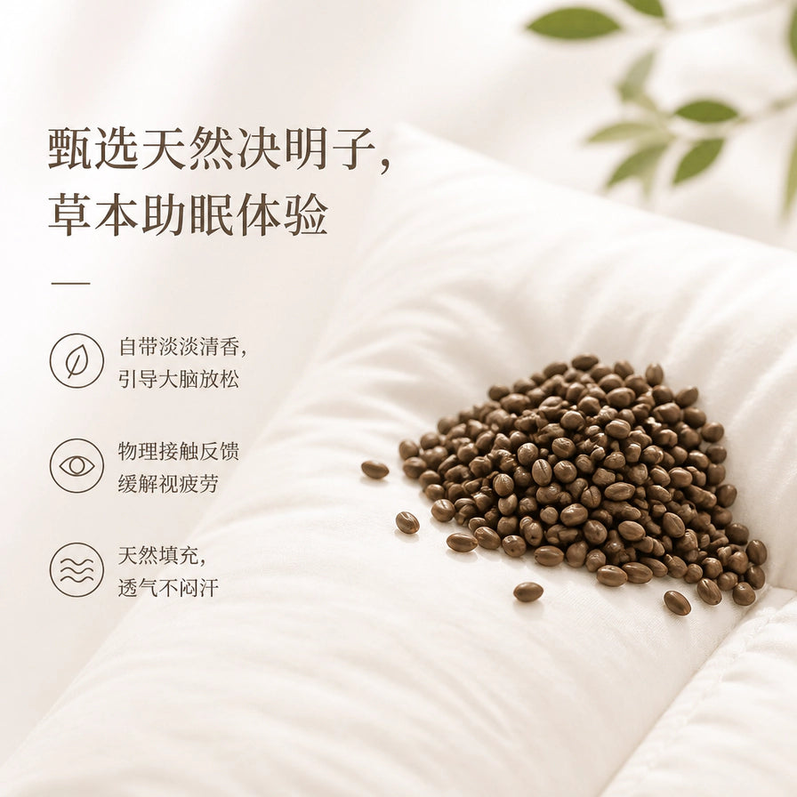 枕头细节图，展示内部填充的天然决明子颗粒及其草本助眠特性。