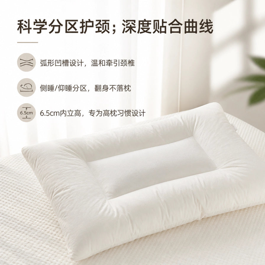 护颈枕斜视图，展示科学分区护颈、弧形凹槽设计及6.5cm内立高卖点。