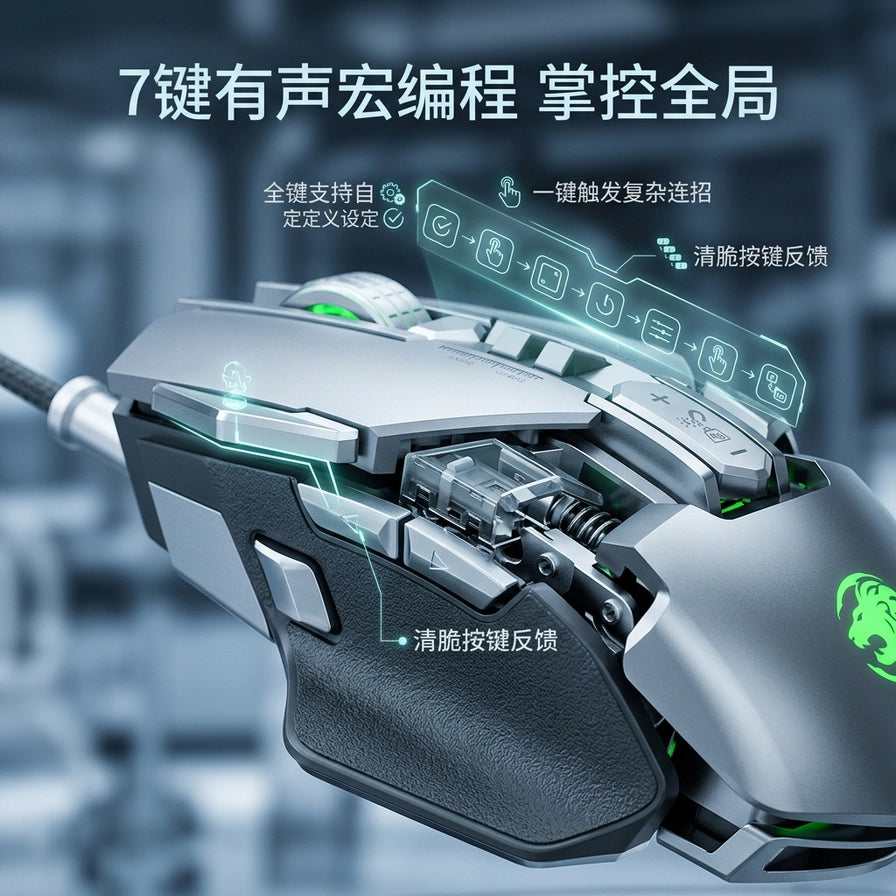 前行者 MK300 鼠标侧面特写，展示7键有声宏编程按键结构及清脆按键反馈说明。