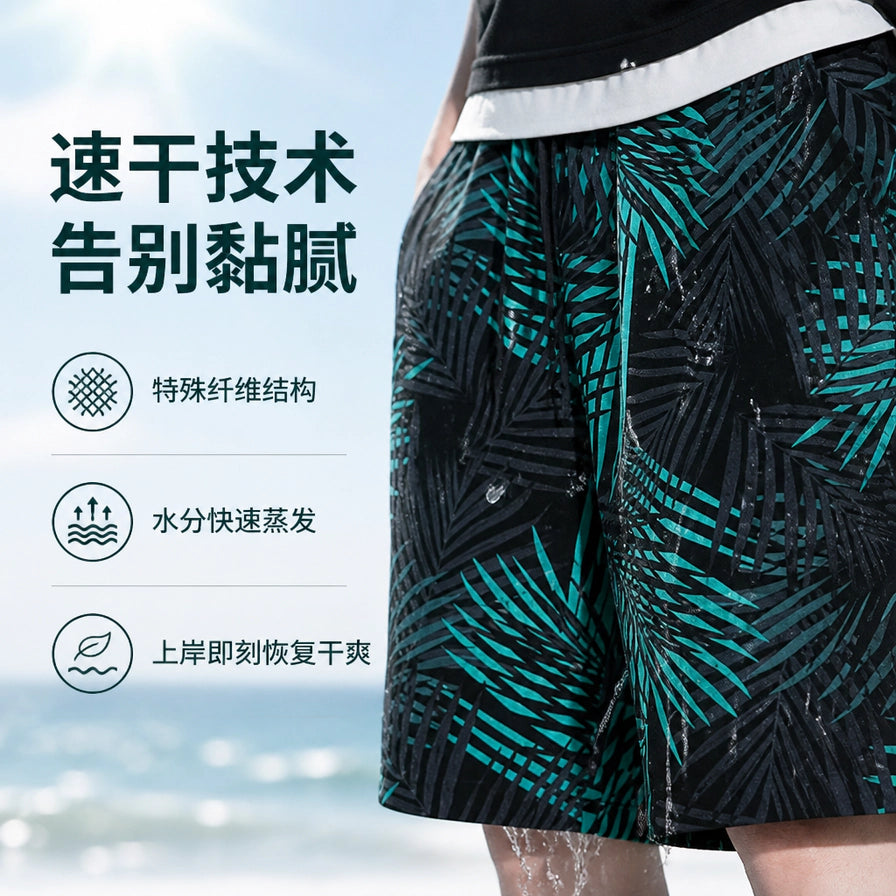 模特在海滩背景下穿着速干沙滩裤，展示其速干技术和水分快速蒸发的卖点。