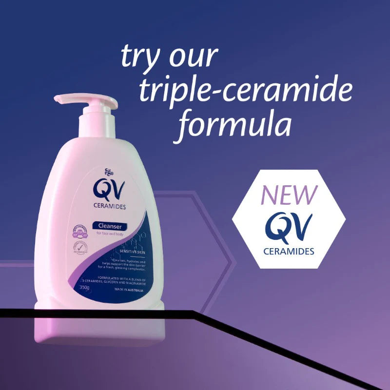 QV Ceramides 洁面沐浴露产品宣传图，紫色背景配有英文卖点文案及新品标识。
