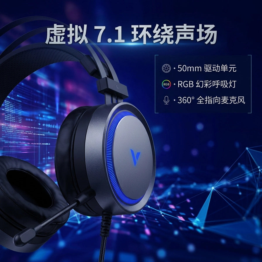 Rapoo雷柏VH530耳机卖点图，标注虚拟7.1环绕声场、50mm驱动单元、RGB灯效及360度麦克风。