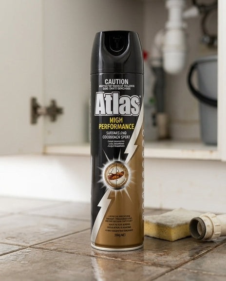 Raslan Atlas 杀虫喷剂电商说明图，展示产品针对蟑螂蜘蛛蚊虫果蝇的多种用途及家庭使用场景。