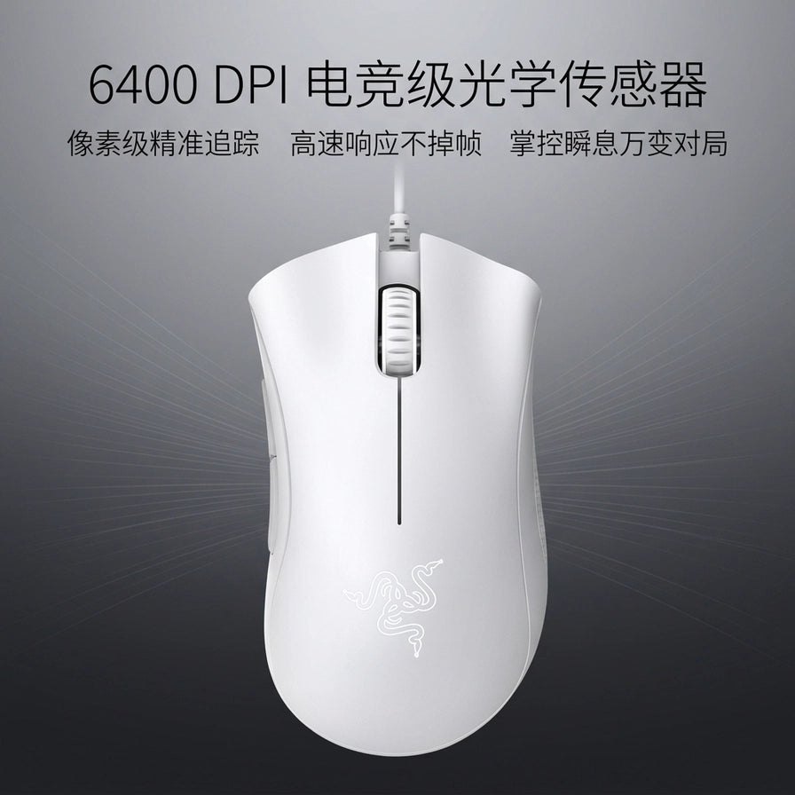 Razer雷蛇鼠标俯视图，上方配有中文标题“6400 DPI 电竞级光学传感器”及像素级精准追踪等说明文字。