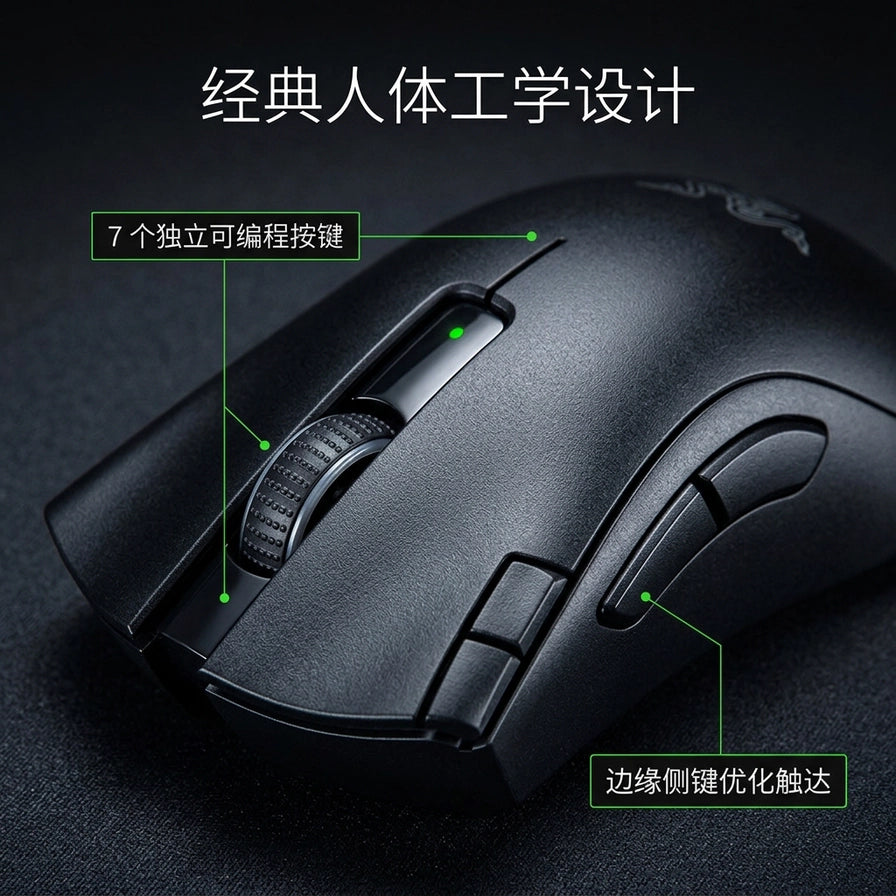 雷蛇炼狱蝰蛇 V2 X 极速版细节图，展示经典人体工学设计、7个独立可编程按键及边缘侧键优化触达。