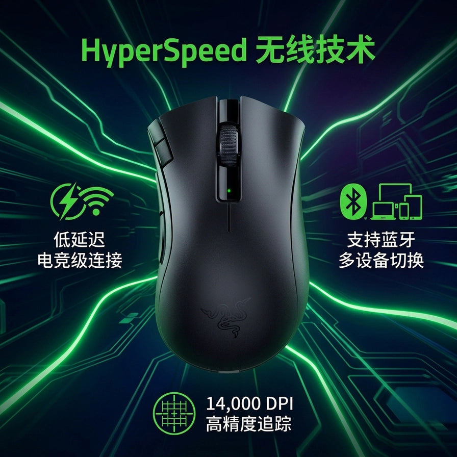 雷蛇炼狱蝰蛇 V2 X 极速版卖点图，展示 HyperSpeed 无线技术、低延迟电竞连接、蓝牙多设备切换及 14,000 DPI 高精度追踪。