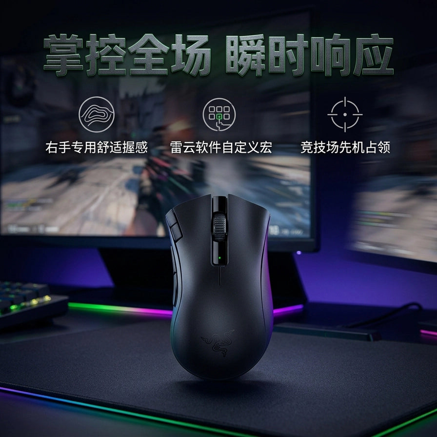 雷蛇炼狱蝰蛇 V2 X 极速版使用场景图，展示鼠标在电竞环境下的应用，支持右手专用握感及雷云软件自定义宏。