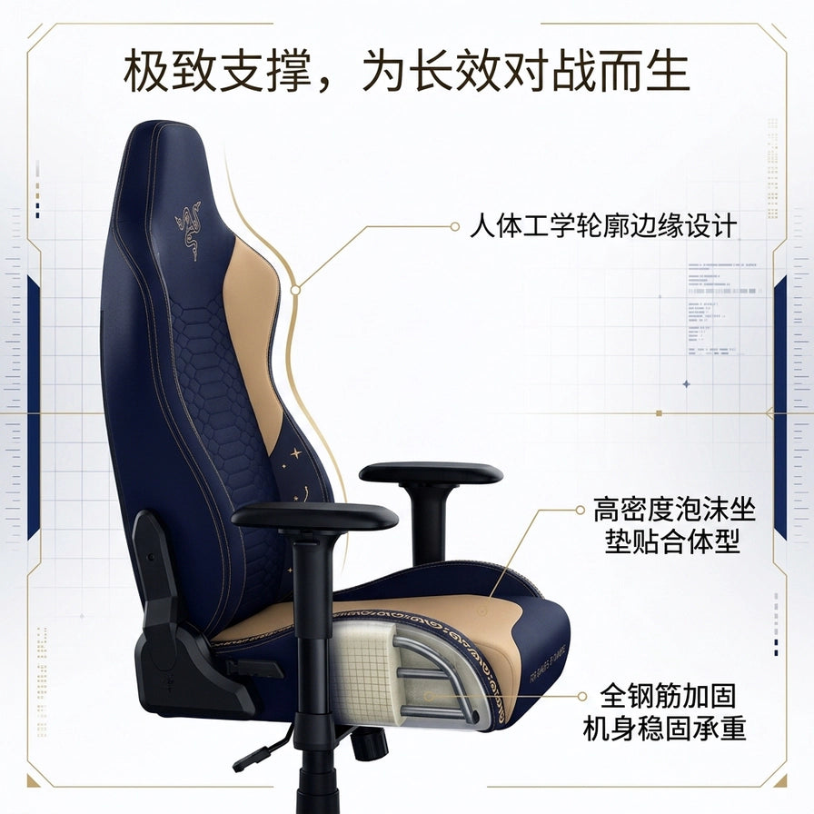 Razer Iskur X 电竞椅侧面剖析图，展示人体工学轮廓、高密度泡沫坐垫及全钢筋加固机身结构。
