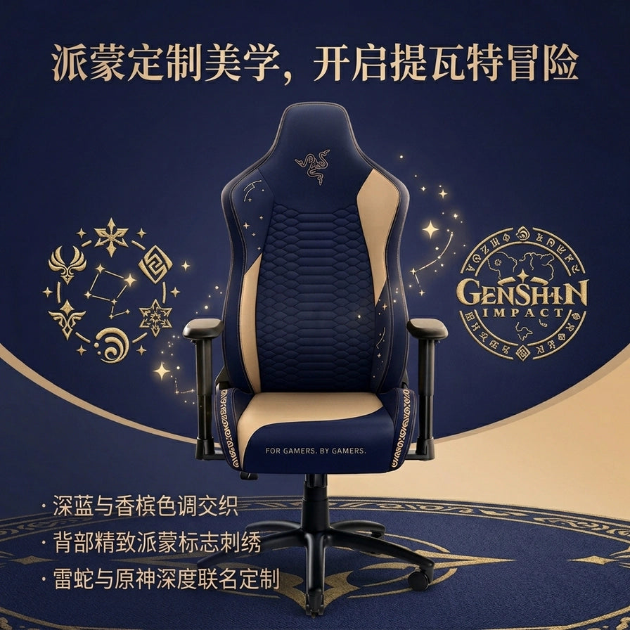 Razer Iskur X 原神联名款电竞椅海报，展示派蒙定制美学、深蓝与香槟色调及背部精致刺绣。