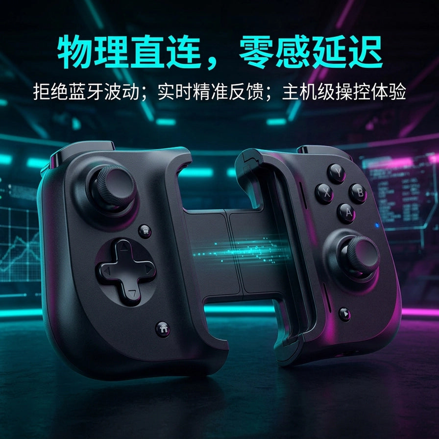 雷蛇骑仕手柄AI卖点图，配有“物理直连，零感延迟”中文标题，展示手柄内部连接结构。