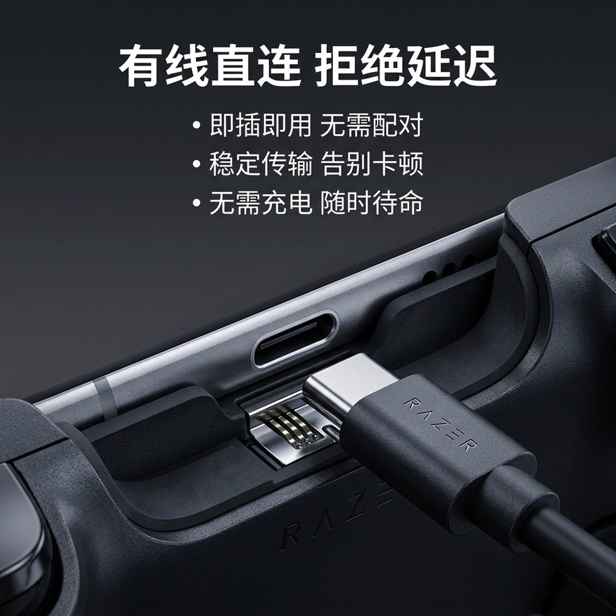 手柄 USB - C 接口连接特写，展示有线直连设计，上方配有白色中文卖点说明文字。