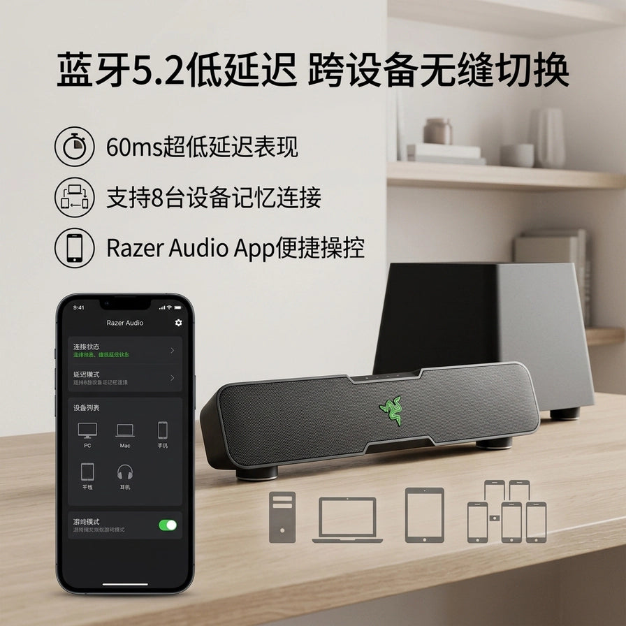 展示雷蛇利维坦巨兽 V2 的蓝牙 5.2 低延迟连接功能，手机 App 操控界面及多设备无缝切换示意图。