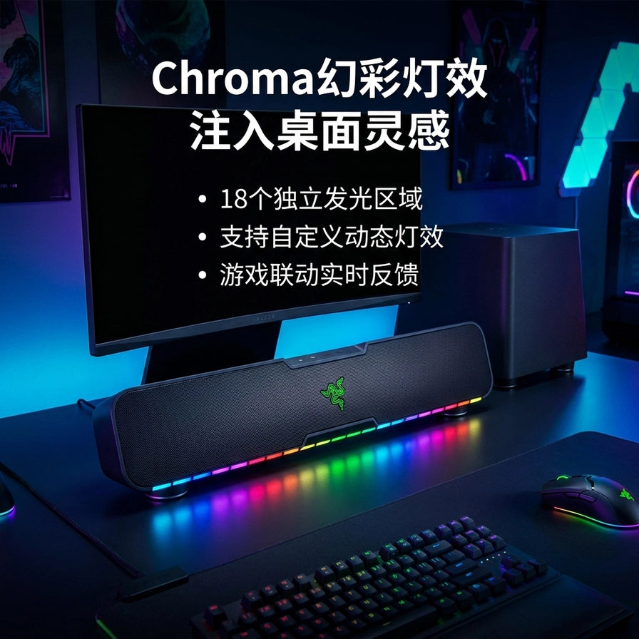 雷蛇利维坦巨兽 V2 音箱展示 Chroma RGB 幻彩灯效，底部拥有 18 个独立发光区域，营造沉浸式电竞氛围。