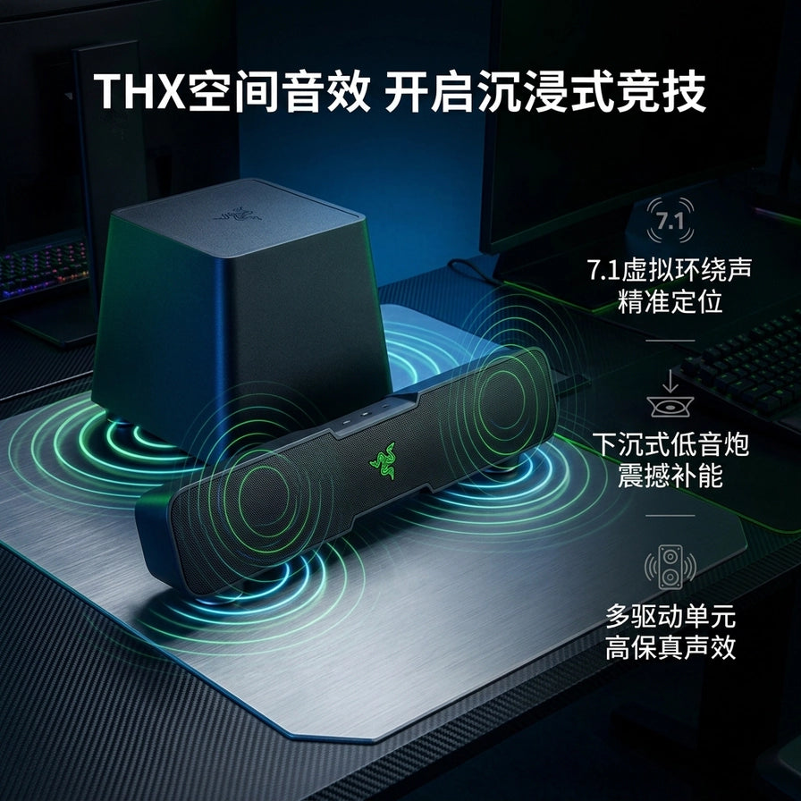 雷蛇利维坦巨兽 V2 游戏音箱在桌面场景下的渲染图，标注有 THX 空间音效、7.1 虚拟环绕声及下沉式低音炮等卖点。