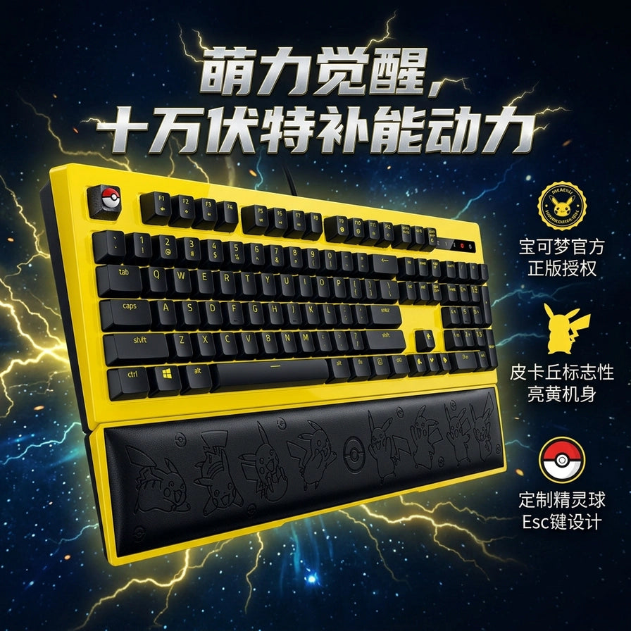 雷蛇皮卡丘联名键盘宣传海报，背景为闪电特效，标注宝可梦正版授权、亮黄机身及精灵球Esc键等卖点。
