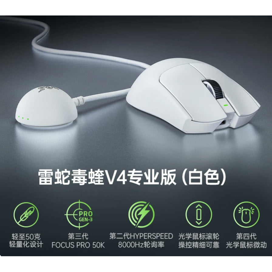 雷蛇毒蝰 V4 专业版白色鼠标侧视图，下方带有中文卖点介绍，包括50克轻量化、50K传感器及8000Hz轮询率。