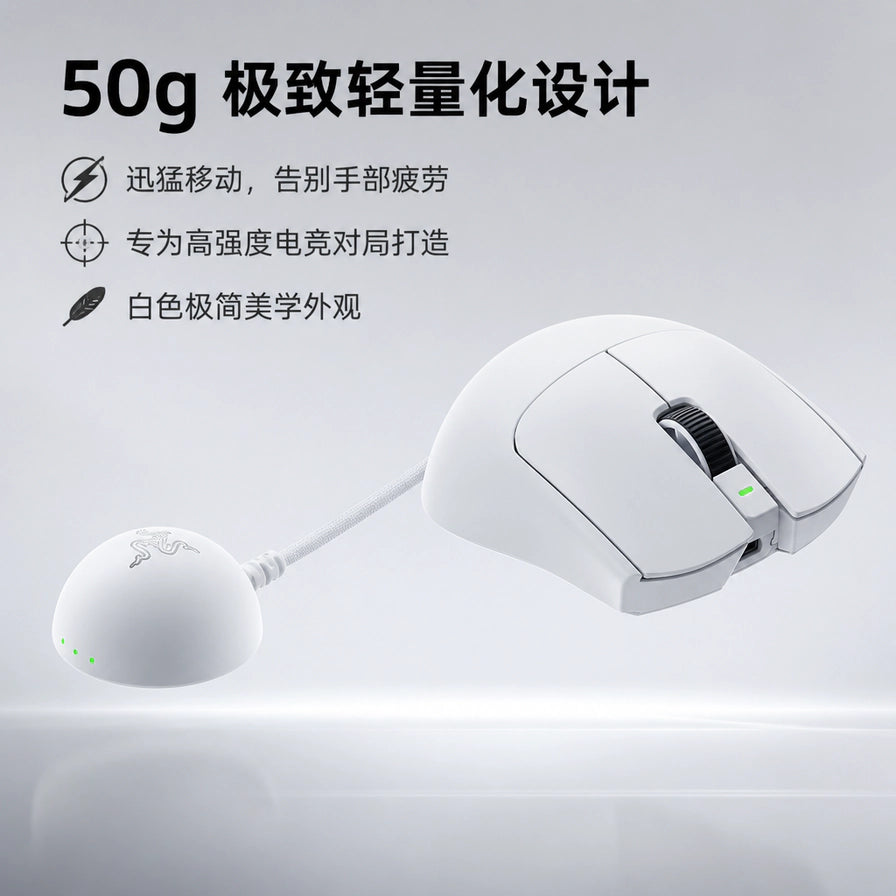 雷蛇毒蝰 V4 专业版白色鼠标渲染图，上方带有“50g 极致轻量化设计”中文标题及性能图标。
