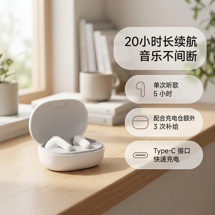 Redmi Buds 4 青春版耳机放置在木质桌面，右侧展示20小时长续航及Type - C接口等中文卖点。