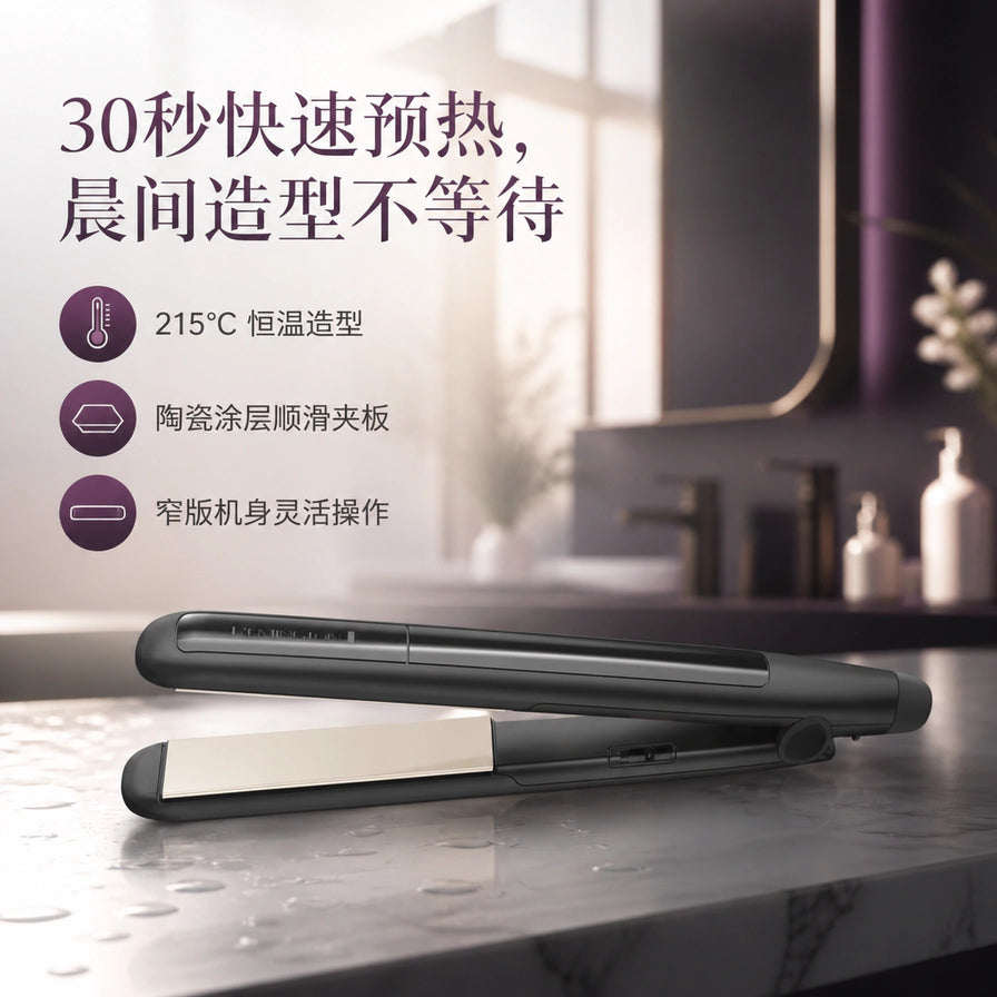 Remington 直发器放置在洗漱台上的场景图，配有中文说明：30秒快速预热、215度恒温造型、陶瓷涂层顺滑夹板。