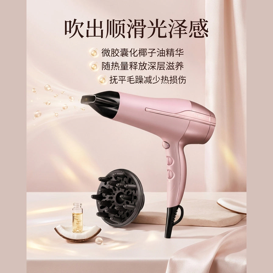 带有中文卖点文案的营销图，展示吹风机释放椰子油精华抚平毛躁的效果。