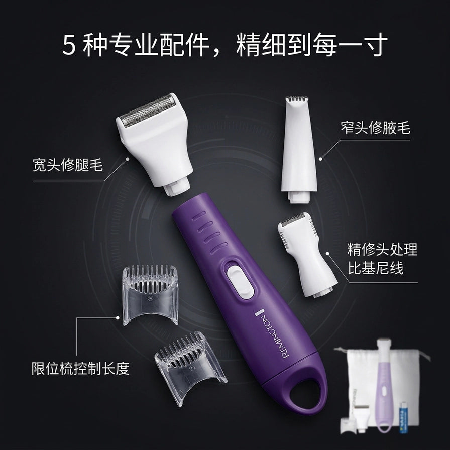 Remington 修剪器五种专业配件分解示意图，黑色背景配有中文标注说明各配件针对的身体部位。