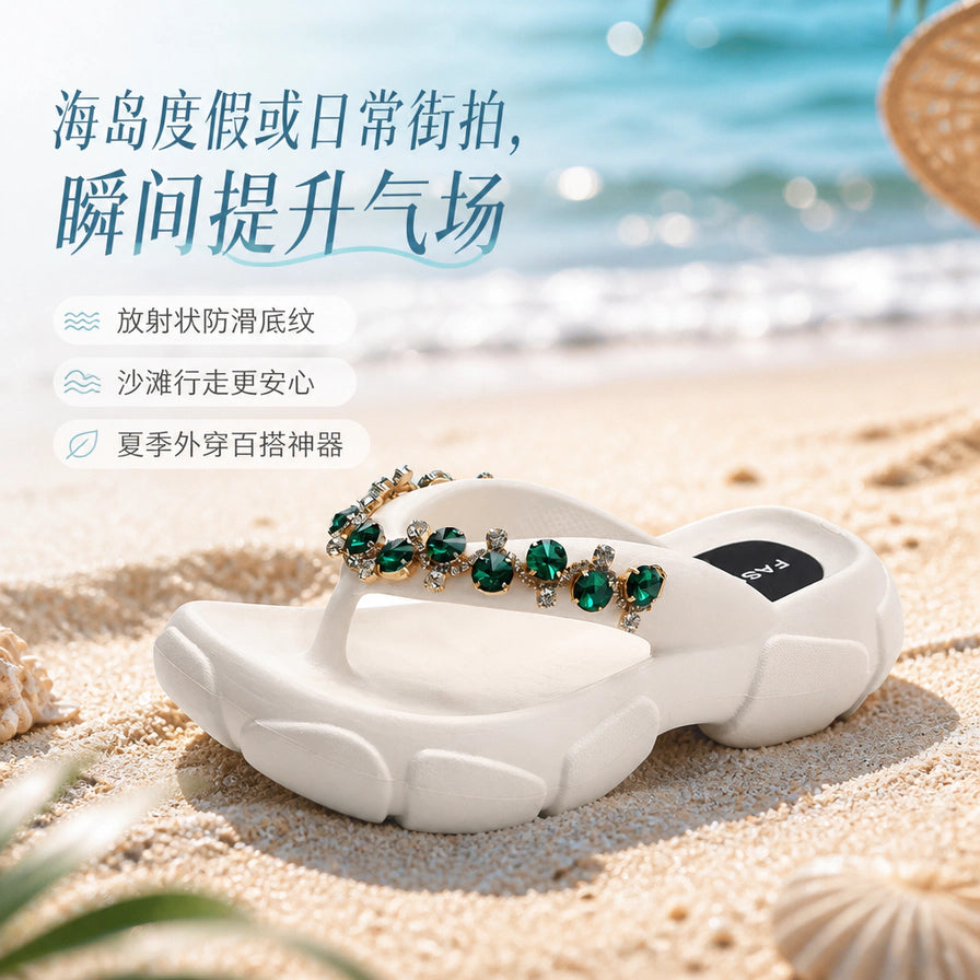 白色水钻人字拖在沙滩背景下的展示，配有中文文字：海岛度假或日常街拍，瞬间提升气场。