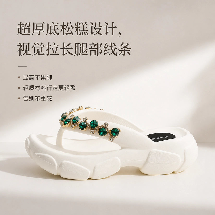 白色厚底松糕人字拖，配有中文卖点文字：超厚底松糕设计，视觉拉长腿部线条，显高不累脚。