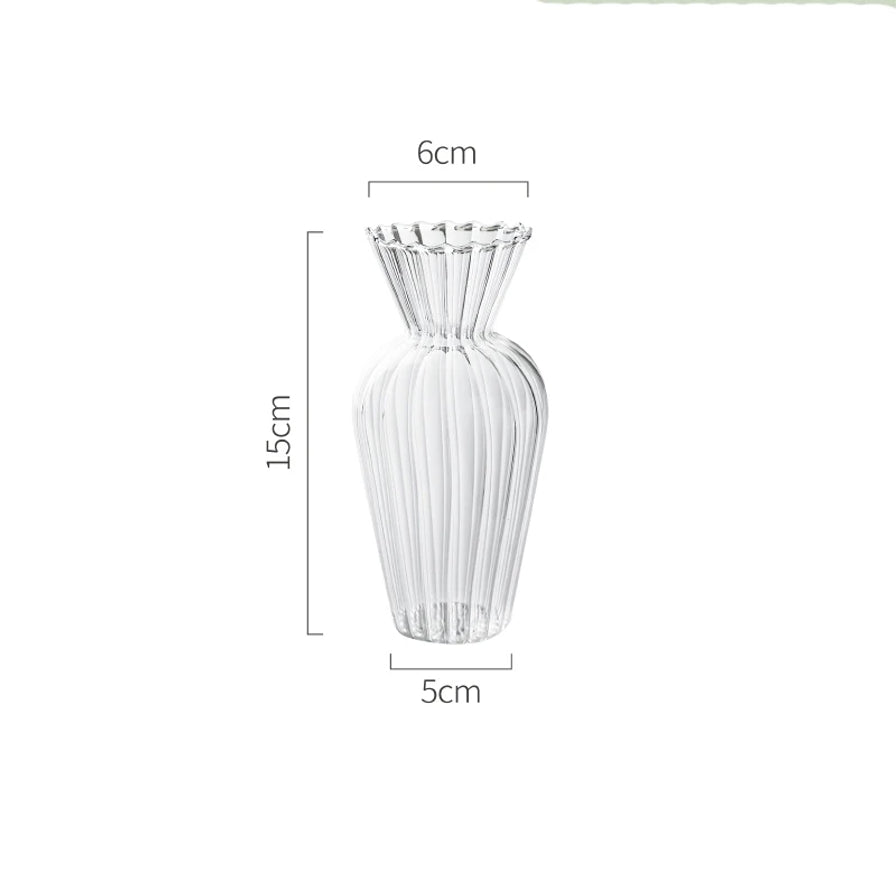 圆肚玻璃花瓶的尺寸标注图，显示高度为15cm，瓶口直径6cm，底部直径5cm。