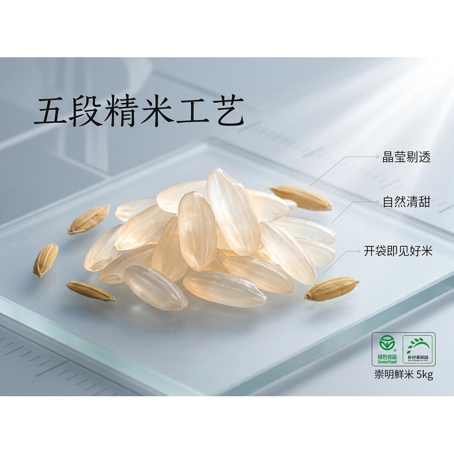 五段精米工艺特写图，展示晶莹剔透的米粒细节，配有自然清甜等中文说明文字。