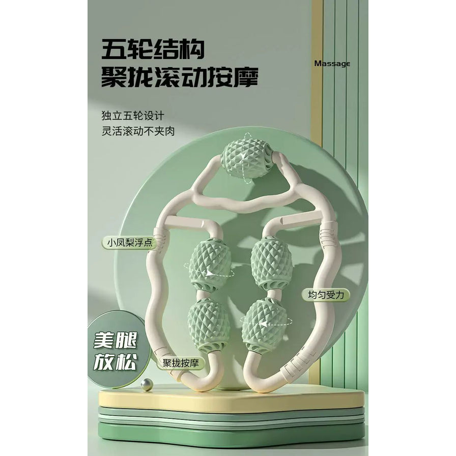 绿色环形按摩器海报，配有五轮结构、聚拢滚动按摩、美腿放松等中文卖点文字说明。
