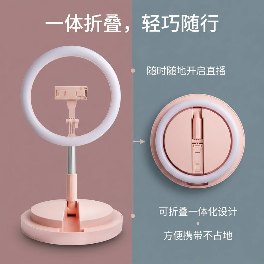 对比展示补光灯支架的展开使用状态与完全折叠后的圆盘形态，强调轻巧随行的一体化设计。