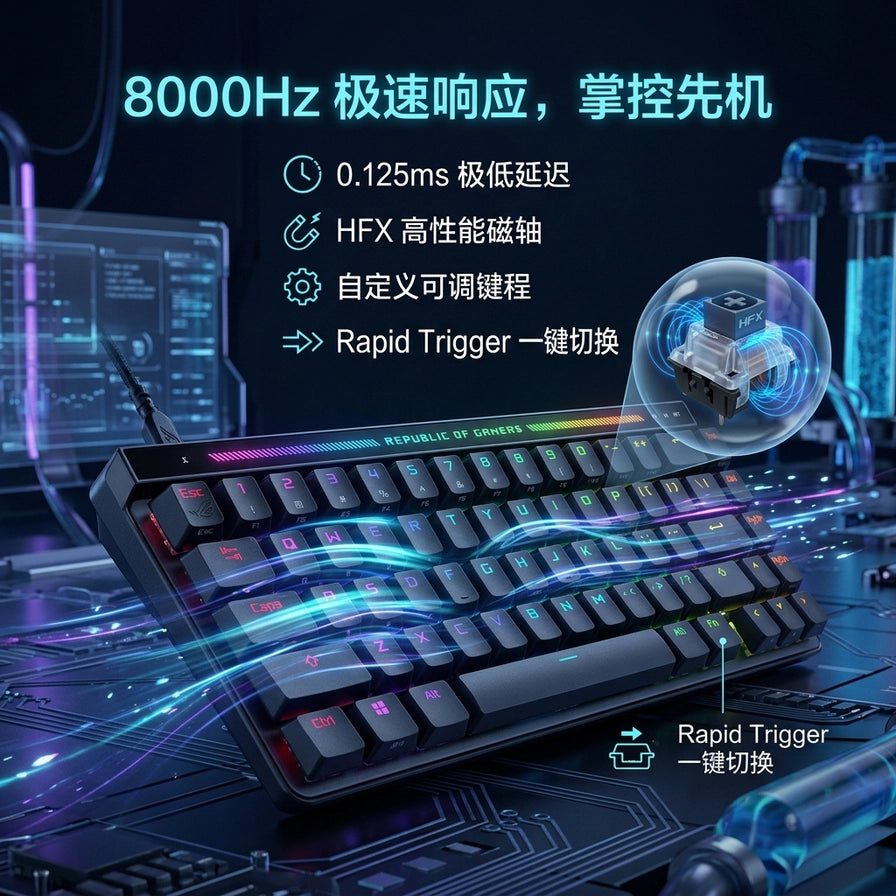 ROG 魔导士 Ace HFX 宣传海报，展示键盘侧视图、HFX 磁轴结构特写及 8000Hz 极速响应等技术参数说明。