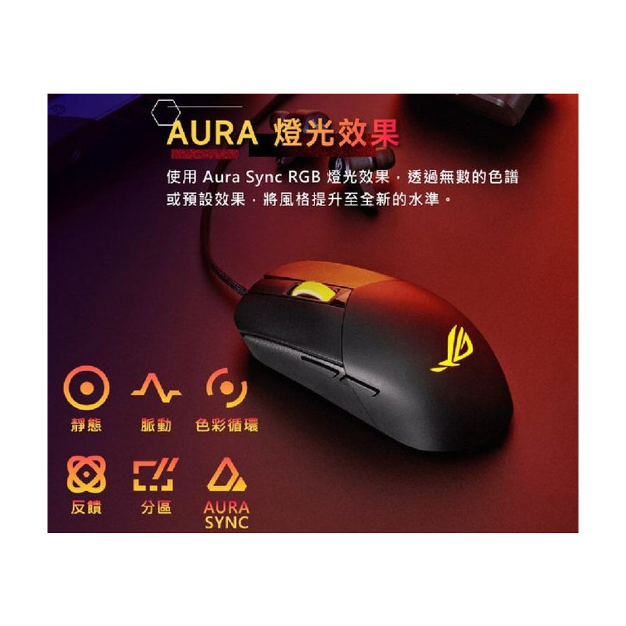 ROG 影刃 3 鼠标 Aura Sync 灯光效果展示海报，包含多种灯效模式说明文字。