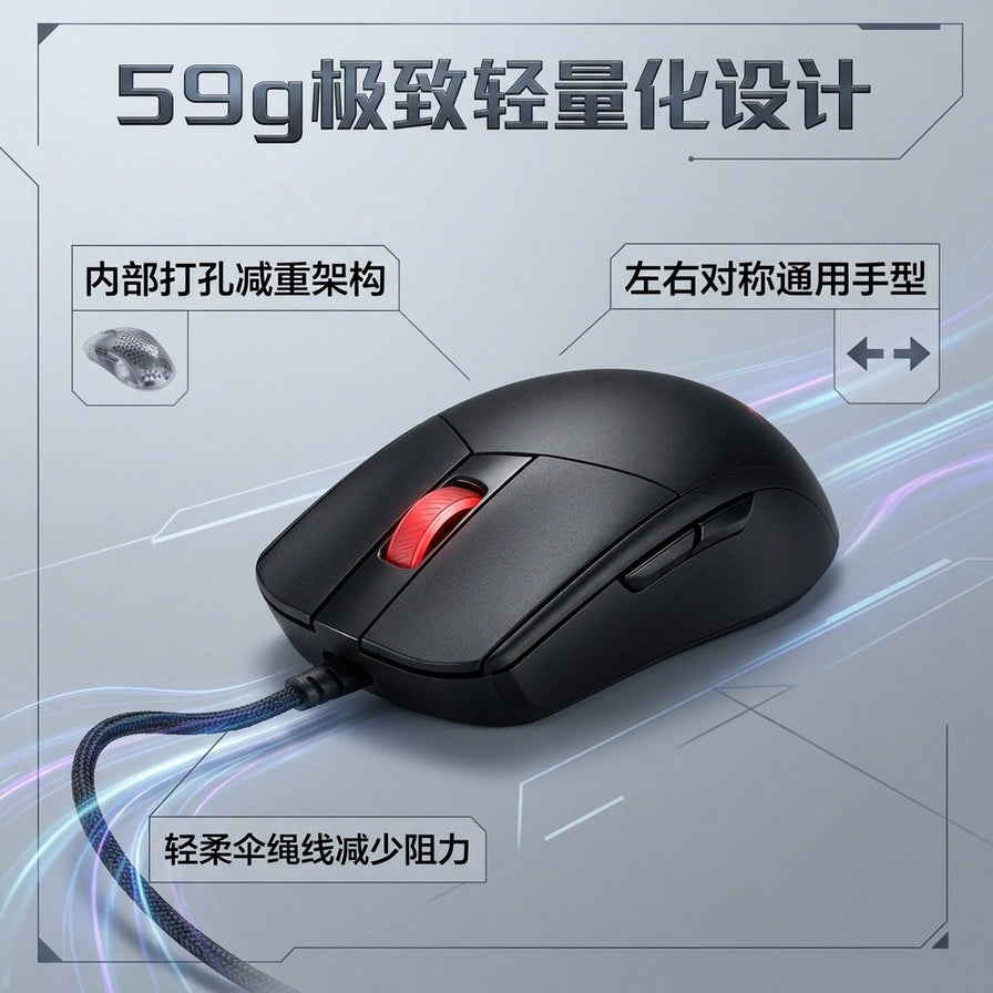 ROG 影刃 3 鼠标 59g 极致轻量化设计卖点图，标注了内部打孔减重架构、左右对称手型及伞绳线。