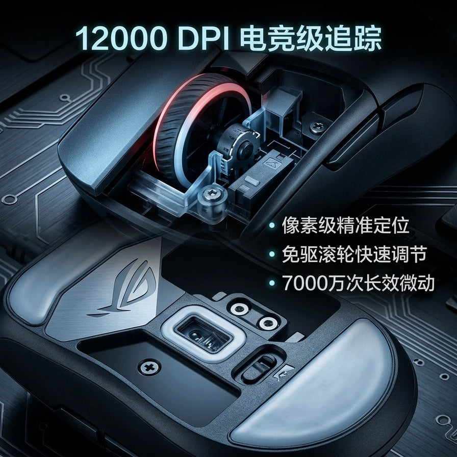 ROG 影刃 3 鼠标内部结构特写，展示 12000 DPI 传感器、滚轮及 7000 万次长效微动卖点。