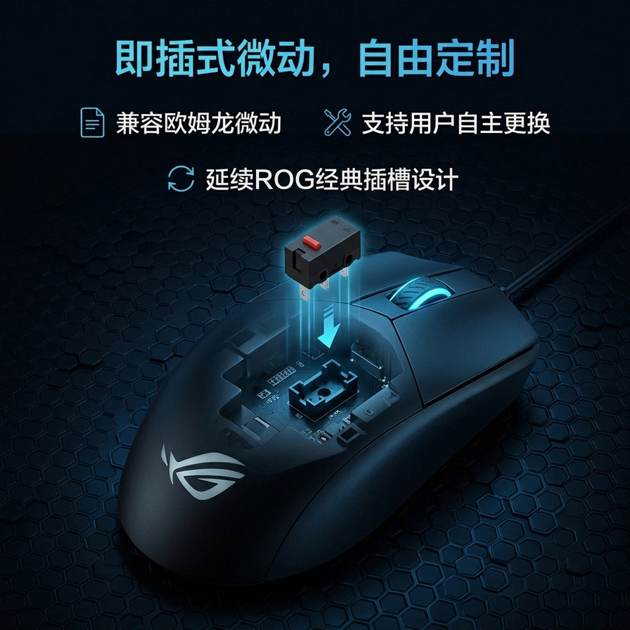 ROG 影刃 3 即插式微动设计演示图，展示微动开关的自由定制与更换功能。