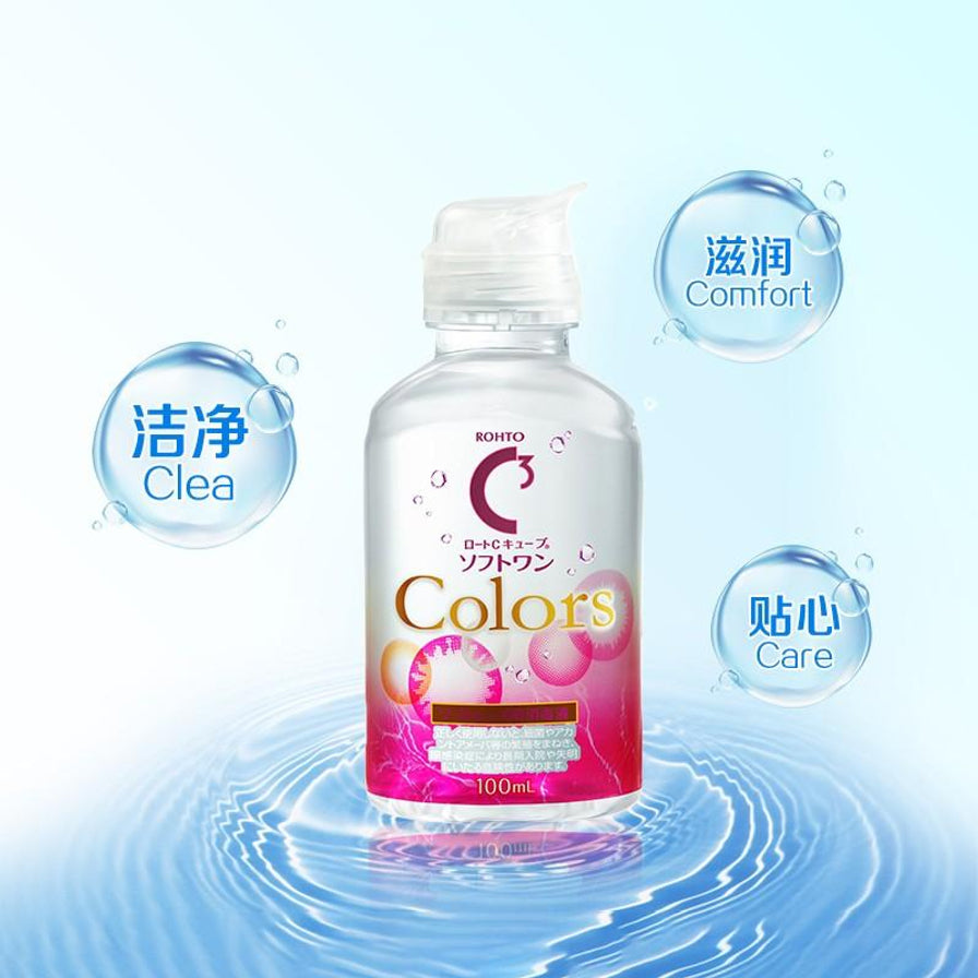 乐敦 C3 Colors 护理液居中展示，蓝色背景上有“洁净”“滋润”“贴心”字样气泡，瓶身正面可见 100mL。