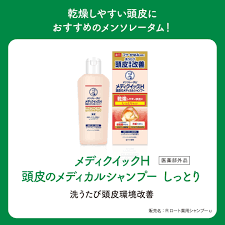 乐敦 Mediquick H 洗发水产品宣传图，包含绿色背景、日文推荐语及产品缩略图。