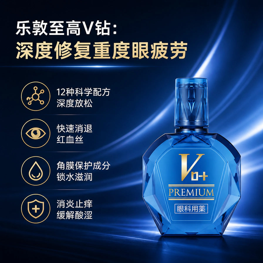 蓝色眼药水瓶与中文卖点海报，展示 12种科学配方、快速消退红血丝、角膜保护成分等文字