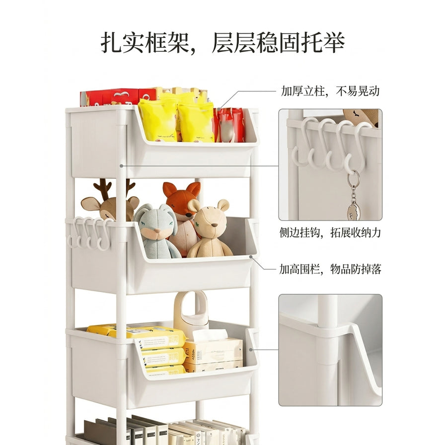 储物架结构细节图，通过引线标注加厚立柱、侧边挂钩及加高围栏设计，顶部有中文标题“扎实框架”。